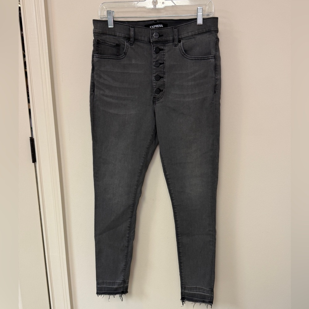 Express: Women's High Rise Gray Button Front Skinny Jean, Size 10R